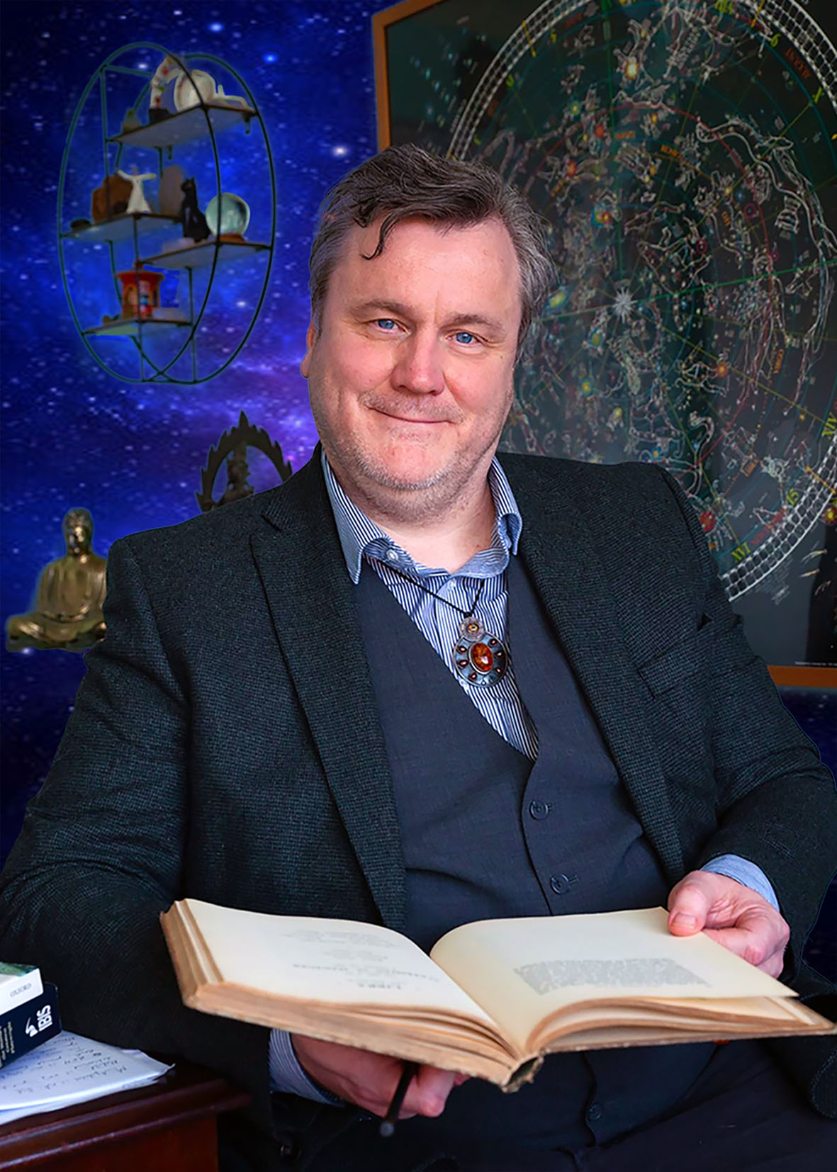 London Astrologer with book open on lap and starry sky background plus a map of the stars on the wall
